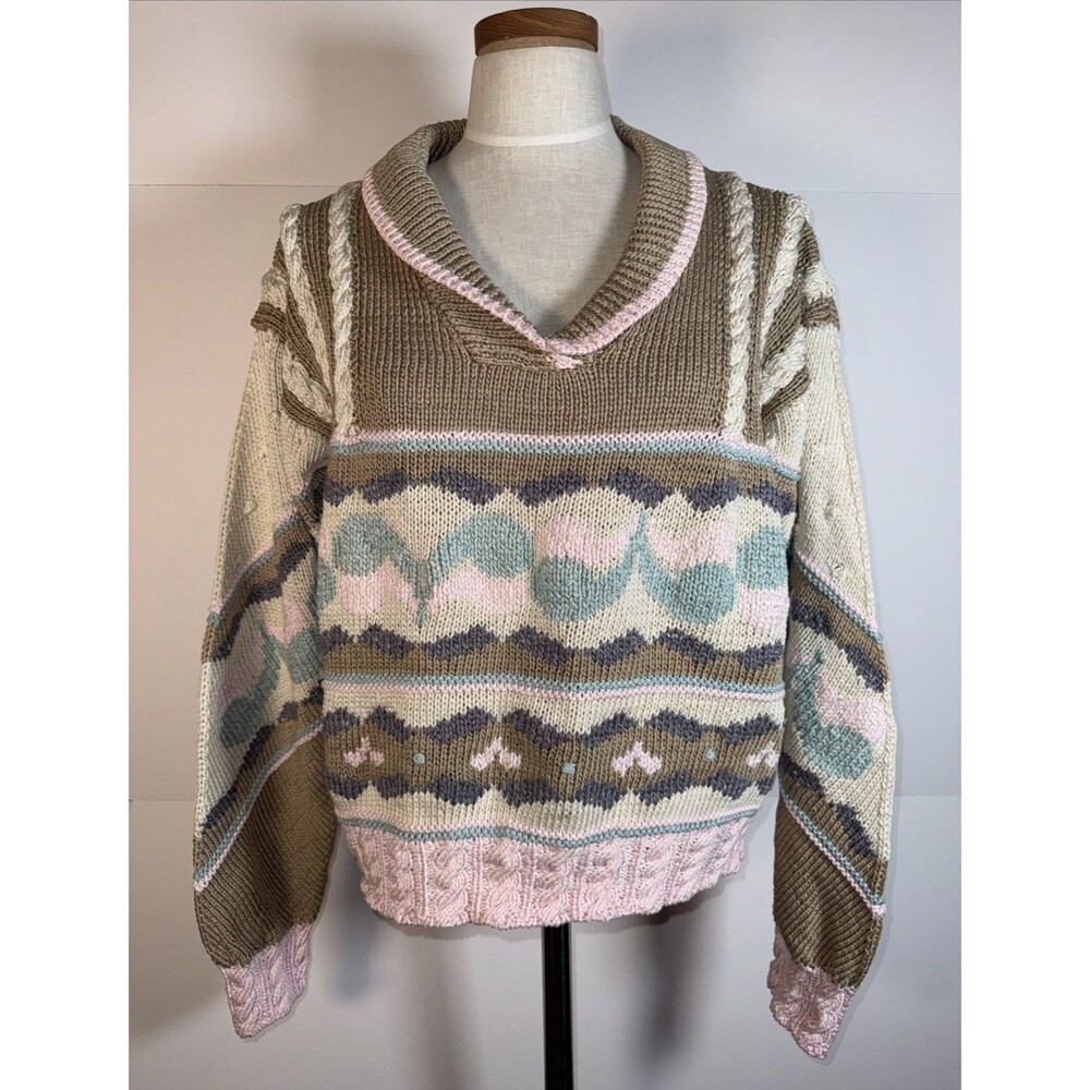 Vintage Berek Hand Knit Floral Sweater  Flowers Pima Cotton 1988 Oversized Heavy